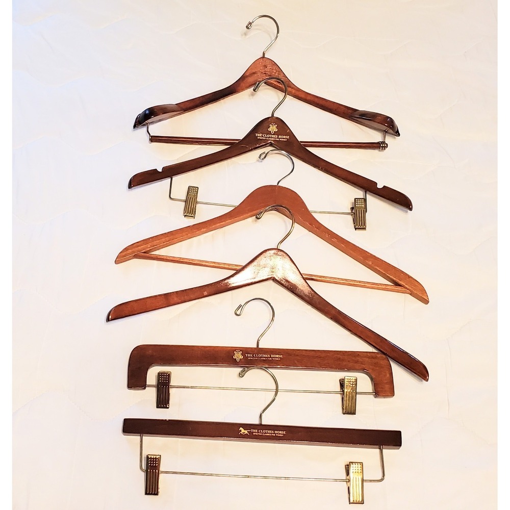 6‎ Vtg Walnut Tone Wood Hangers 2 Suit w/Trouser Bar Jacket Pants Clothes Horse - Picture 2 of 5